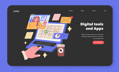 Poster - Digital Tools and Apps illustration A modern professional navigates workflow using digital tools, keeping tasks organized and time managed with a virtual calendar Vector illustration