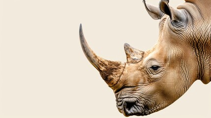 Wall Mural -  A tight shot of a rhino's head against a pure white background Alternatively, a close-up of a rhino's head on a light beige background