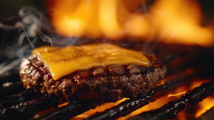 Wall Mural - Cooking up a delectable cheeseburger involves grilling two buns a juicy meat patty and a slice of cheese on a sizzling hot grill
