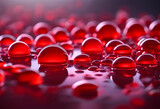Fototapeta  - Splashes, red drops on a red liquid surface. Red balls floating on a liquid surface, perfect as a background, decorative
