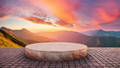 stone podium tabletop floor in outdoor sunset sky golden pink pastel with mountain nature landscape background cosmetic product placement pedestal platform present stand display summer dreamy concept