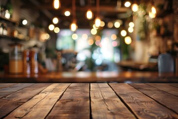 Canvas Print - Coffee Bar Background. Blurred Bokeh Cafe with Vintage Filter on Empty Wood Table Top