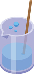 Poster - 3d isometric illustration of a laboratory beaker filled with a blue liquid and wooden stirrer