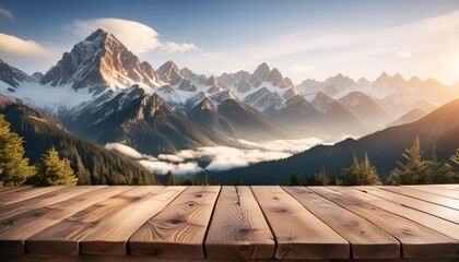 Wall Mural - empty wooden table top product display showcase stage blurred mountains in the background with peaks reaching to the sky