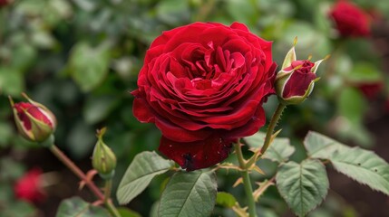 Canvas Print - Close up of a stunning red rose in full bloom showcasing the beauty of a growing outdoor rose and its budding companion