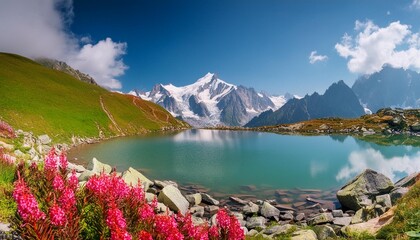 Poster - colorful summer panorama of the lac blanc lake with mont blanc monte bianco on background