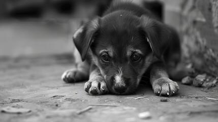 Wall Mural - Black and white photo of a puppy laying on the ground.