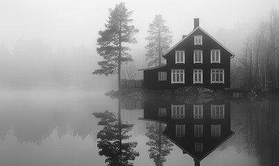 Wall Mural - House reflecting on the still lake during a foggy day