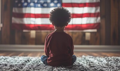 Back view on a little cute African American boy sitting against American flag USA election concept