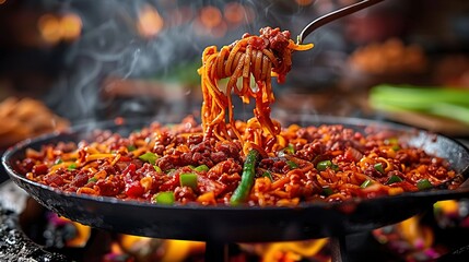 Wall Mural -   A close-up shot of a noodle and vegetable-filled pan being lifted with chopsticks using a fork