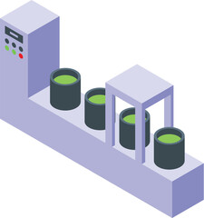 Poster - vector isometric illustration of a conveyor belt with green barrels in a manufacturing setting