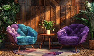 Wall Mural - interior of lounge zone with comfortable purple and turquoise armchairs and wooden walls and laminated floor