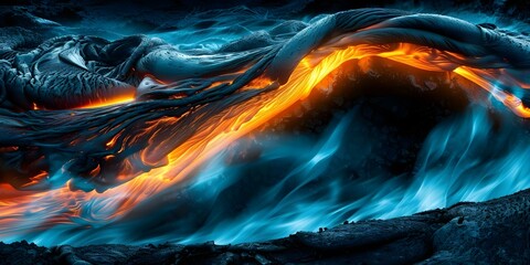 Wall Mural - Digital artwork depicting lava flowing within cave openings in a natural setting. Concept Nature, Lava Flow, Cave, Digital Art, Illustration