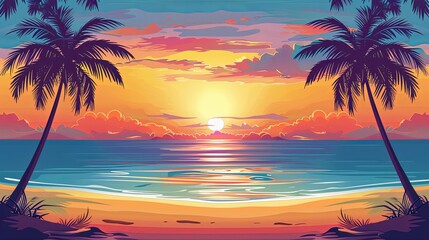 A painting depicting a tropical beach scene with palm trees against a colorful sunset over the ocean. Generative AI