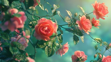 Wall Mural - pink roses blossoming on a rose bush roses adorning a garden under the soft light of dusk a backdrop
