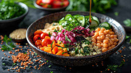 An artistic representation of a nutritious Buddha bowl being assembled with layers of quinoa, roasted vegetables, and creamy hummus, topped with a sprinkle of crunchy seeds and a d