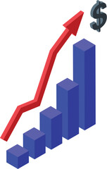 Poster - 3d illustration of an ascending bar graph with a red arrow and dollar symbol, depicting growth
