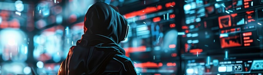 Poster - Close up of a hacker at work, surrounded by screens displaying breached systems, their face obscured and blending into a blurred, dark cyber environment, sharpen with copy space