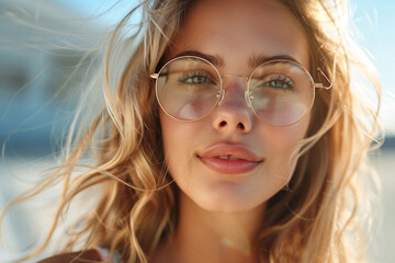 Close-up of a woman with wavy blonde hair wearing round glasses. High-resolution portrait photograph. Fashion and eyewear concept. Design for posters and magazine covers. Front view with blurred 