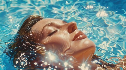 A woman is happily swimming underwater in a pool, wearing a diving mask with her eyes closed, mimicking the gestures of a fictional character from a movie scene. The water is her art of recreation