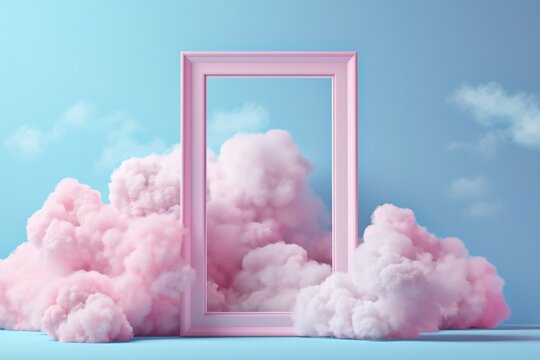 a pink cloud background with a pink door frame and a pink cloud background