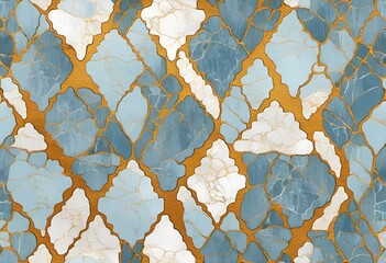 Wall Mural - AI generated illustration of a blue and gold marble background adorned with white flowers