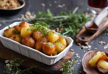 Sticker - AI generated illustration of a white plate with potatoes, herbs, and bread on a wooden cutting board