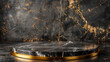 © Sutthi - a black marble podium with a gold rim, set against a black marble background...pen_spark.