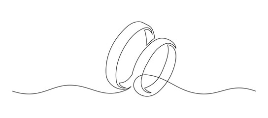 Fototapete - Two wedding rings in one continuous line drawing. Love and romantic concept and symbol proposal engagement for invitation in simple linear style. Editable stroke. Doodle vector illustration