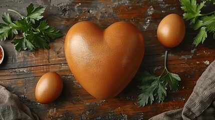 Wall Mural -   A heart-shaped egg rests atop a wooden table beside a bowl containing tomato sauce and parsley