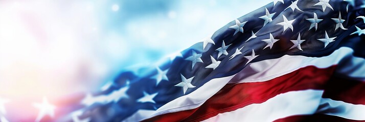 A high-resolution, dramatic close-up shot of the American flag waving with a bokeh effect