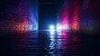 © Media Srock - a deserted setting with vibrant neon light streaming onto a brick wall and glistening wet asphalt