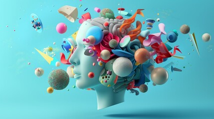 Poster - 3d objects in human head symbolize creativity against pastel backdrop.