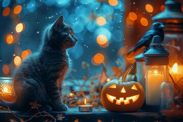 Wall Mural - Cat Halloween background. Black cute and horror kitten with jack lantern pumpkin. Spooky dark animal. Scary night witch pet. Autumn holiday. Magic fall background with cat. Halloween kitten pumpkin