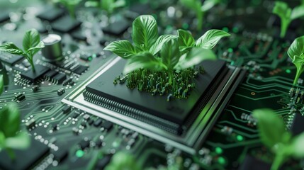 Poster - circuit board and cpu with greenery, symbolizing energy saving and eco-conservation.