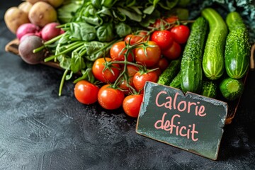 Wall Mural - Fresh vegetables including tomatoes, cucumbers, and spinach next to a chalkboard with 'calorie deficit' written on it. Flat lay composition with copy space for design and print.