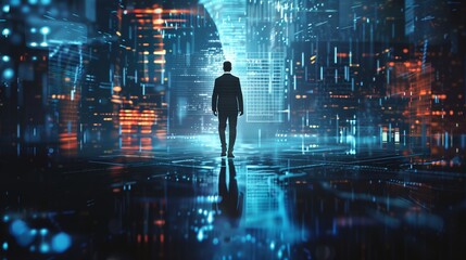 Poster - businessman in high-tech setting.