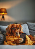 Fototapeta  - A dog holding a smartphone while looking at the camera. Smart, cute dog uses phone to surf the internet. Poster.
