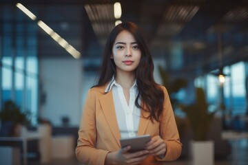 Poster - A portrait of a young businesswoman in a modern office working space