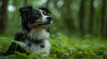 Wall Mural - Border Collie Waiting in the Grass Dog in the Forest, Nature Landscape Puppy Portrait, Canine Health Exercise Art Veterinarian Backdrop Concept, Pet Marketing Background, Animal Advertising Wallpaper