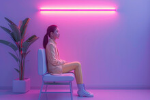 Cute 3D Girl Sitting At The Bad And Doctor Hand Hold, A 3D Meeting Room Lamp Shining Above Her, Purple Background
