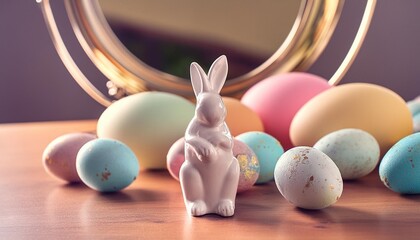 Wall Mural - pastel easter eggs with white rabbit figurine and mirror on table