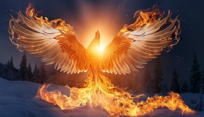 Wall Mural - mythical bird fire phoenix with wings spread out and white glow behind