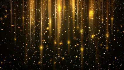 Wall Mural - golden lights and lines on a black background, light stripes of gold falling from top to bottom, shi