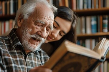 Poster - An older man with white hair, partially obscured, intently reading a large book with bookshelves in the background