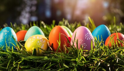 Wall Mural - close up of colorful easter eggs in green grass