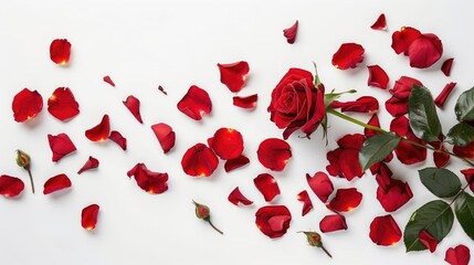 Poster - A red rose and its delicate petals set against a pure white backdrop