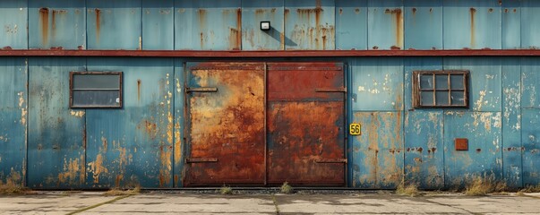 Rusty industrial metal door on warehouse