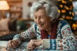 © ChaoticMind - Old woman with a beaming smile engaging with a Christmas jigsaw puzzle in a festive setting