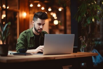 A young man is sitting in a cafe and enjoying hot drink while using a laptop